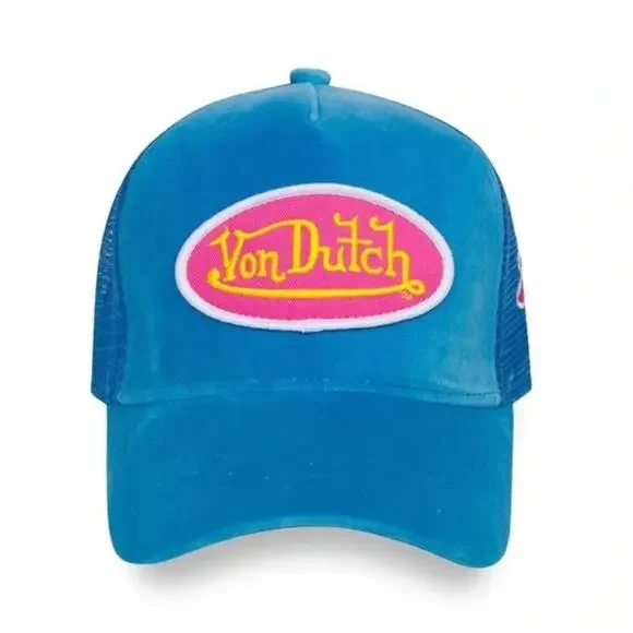 Von Dutch Blue Velvet Pink Yellow Logo Trucker Hat NWT - Picture 1 of 6